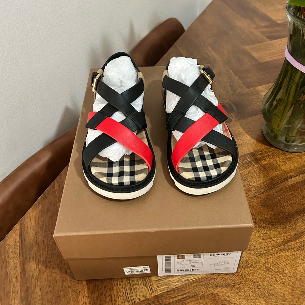Burberry Kids Black and Red Check Sandals Size 30 EU used a few times